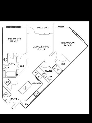 Chic floor plan featuring two bedrooms, open living/dining area, modern kitchen, and expansive balcony.