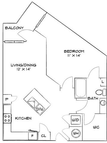 Chic floor plan highlighting a spacious 1-bedroom apartment with an open living/dining area, modern kitchen, and private balcony.