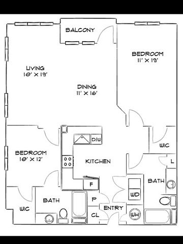 Contemporary floor plan featuring 2 spacious bedrooms, a sleek kitchen, and an expansive dining and living area with balcony access.