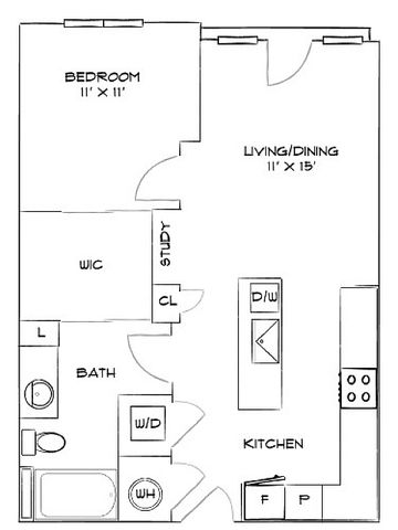 Modern floor plan with 1 bedroom, spacious living/dining area, open kitchen, study, and luxury bath. Features walk-in closet and in-unit laundry.