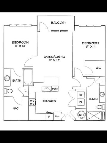 Modern floor plan featuring 2 bedrooms, spacious living and dining area, kitchen, and balcony. Includes convenient walk-in closets and two bathrooms.