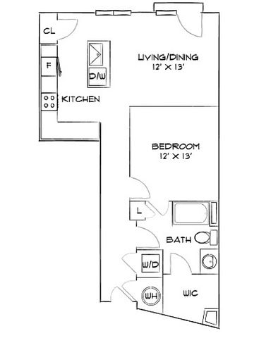 Charming floor plan featuring a cozy 1 bedroom layout, open-concept living and dining area, and modern kitchen with compact design, perfect for urban living.