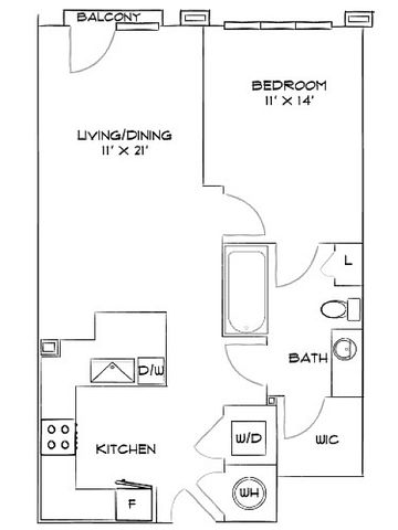 Modern floor plan showcasing a well-designed one-bedroom apartment with a spacious living/dining area, stylish kitchen, cozy bedroom, and inviting balcony.