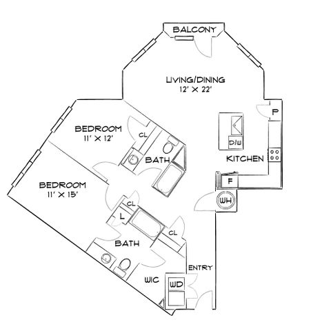 Modern floor plan showcasing 2 bedrooms, 2 baths, open living and dining area with balcony, and a well-equipped kitchen.