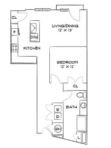 Modern 1-bedroom floor plan featuring an open-concept living and dining area, contemporary kitchen, and well-designed bathroom.