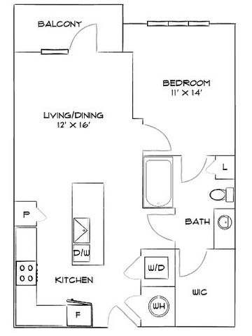 Elegant floor plan showcasing a spacious bedroom, open living/dining area, modern kitchen, and a large balcony. Includes bath, walk-in closet, and convenient laundry space.