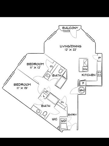 Inviting floor plan featuring two spacious bedrooms, an elegant open living/dining area with balcony, modern kitchen, and two stylish bathrooms.