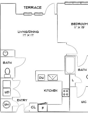 Elegant floor plan featuring one bedroom with en-suite bath, a combined living and dining area opening to a terrace, and a modern kitchen.
