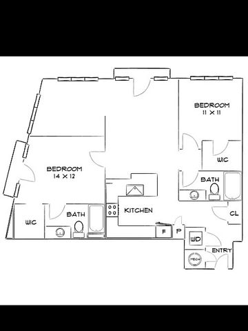 Modern apartment floor plan with 2 bedrooms, 2 bathrooms, and a sleek kitchen. Spacious living area and convenient entry point, ideal for comfortable urban living.