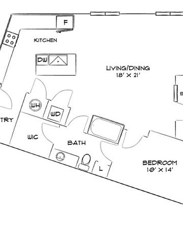 Sleek floor plan featuring a modern kitchen, spacious living/dining area, private balcony, and a large bedroom with walk-in closet.