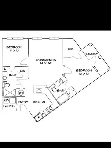 Elegant floor plan showcasing two spacious bedrooms, a living/dining area, kitchen, and two bathrooms with a charming balcony.