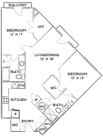 Contemporary 2D floor plan featuring 2 bedrooms, 2 bathrooms, and an open living/dining area with balcony access, ideal for modern living.
