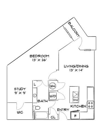 Chic floor plan featuring a spacious bedroom, study room, open living and dining area, modern kitchen, and balcony.