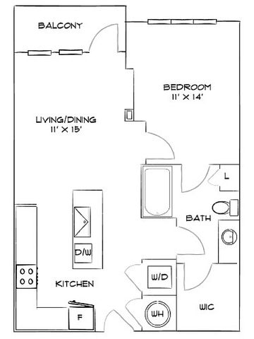 Modern floor plan showcasing a spacious bedroom, open living and dining area, and a functional kitchen with balcony access.