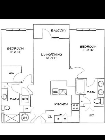 Chic floor plan showcasing 2 bedrooms, 2 baths, an open living/dining area, a modern kitchen, and a private balcony.