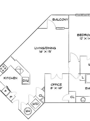 Contemporary apartment floor plan featuring 1 bedroom, spacious living/dining area, office space, modern kitchen, balcony, and bathroom.