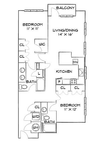 Modern floor plan with 2 bedrooms, open living and dining area, kitchen, and private balcony, ideal for stylish living.