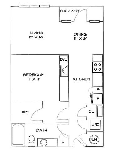 Chic 1-bedroom apartment floor plan with spacious living room, modern kitchen, and private balcony.