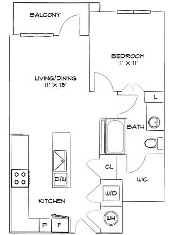 Modern floor plan featuring 1 bedroom, a spacious living/dining area with balcony access, and a well-equipped kitchen.
