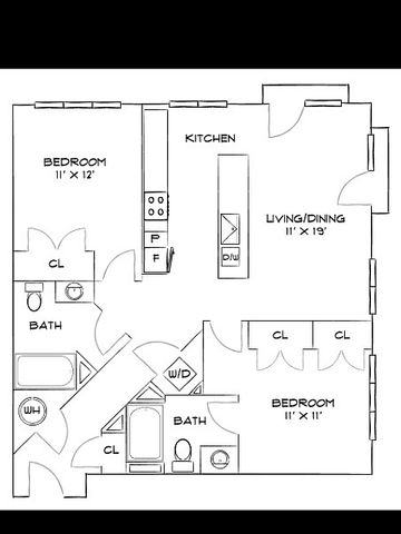 Elegant floor plan showcasing 2 bedrooms, a spacious living/dining area, modern kitchen, and 2 bathrooms with ample closet space.