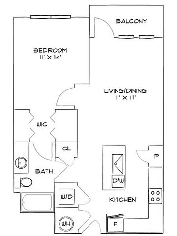 Modern apartment floor plan featuring 1 bedroom, open living and dining area, stylish kitchen, and private balcony.