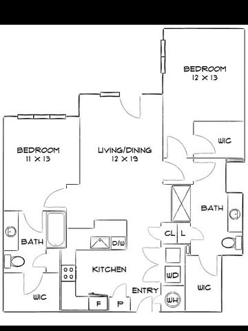 Elegant floor plan showcasing 2 spacious bedrooms, open living/dining area, modern kitchen, and two baths. Includes walk-in closets for added luxury.