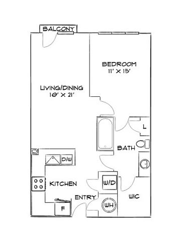 Modern floor plan with a spacious bedroom, open living/dining area, and a stylish kitchen, complete with balcony access.