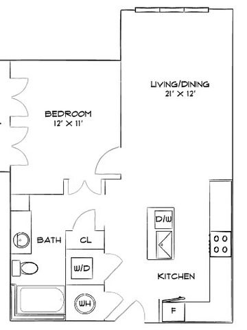 Contemporary floor plan highlighting a spacious living/dining area, an open kitchen, and one cozy bedroom.