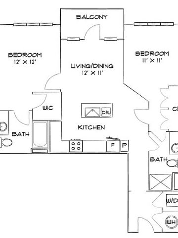 Inviting floor plan featuring two cozy bedrooms, a spacious living/dining area, a modern kitchen, and a balcony, perfect for relaxation.