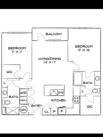 Modern apartment floor plan with 2 spacious bedrooms, open-concept living and dining area, two bathrooms, and a balcony. Includes walk-in closets and a sleek kitchen layout.