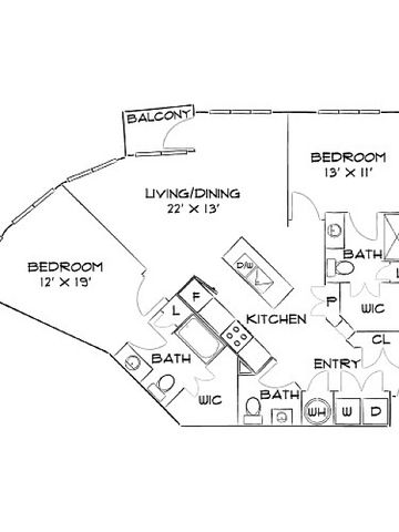 Chic floor plan showcasing two spacious bedrooms, open living/dining area with balcony, modern kitchen, and three well-appointed baths.