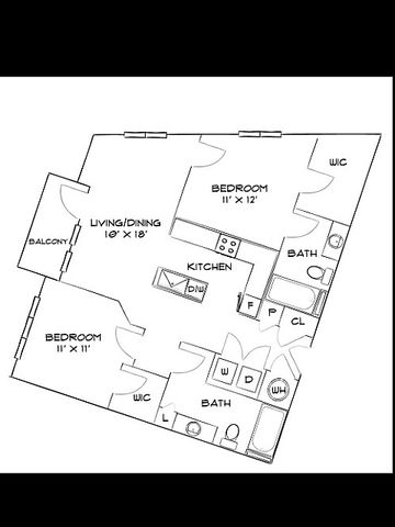 Modern floor plan with 2 bedrooms, spacious living/dining area, and two baths, featuring a balcony and well-equipped kitchen.
