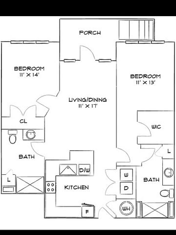 Inviting floor plan featuring 2 bedrooms, open living/dining area, modern kitchen, and a welcoming porch.
