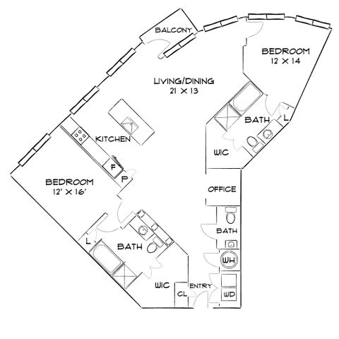 Elegant floor plan showcasing 2 spacious bedrooms, open-concept living/dining area, modern kitchen with an island, 3 bathrooms, office space, and a charming balcony.