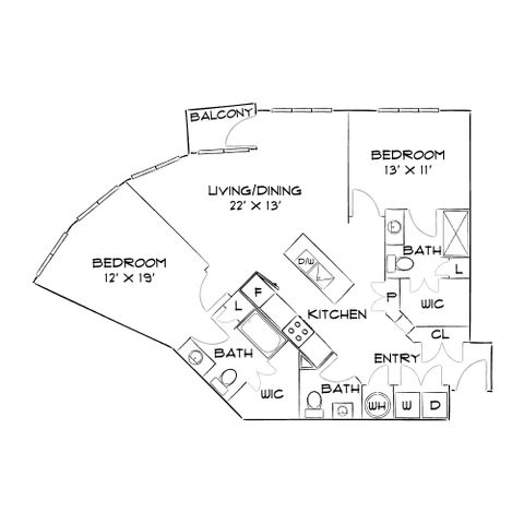 Contemporary floor plan showcasing 2 spacious bedrooms, open living/dining area, modern kitchen, and private balcony.