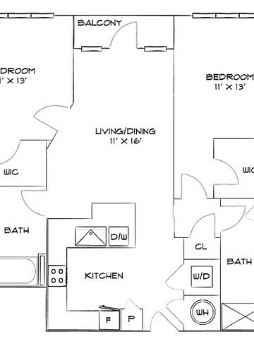 Contemporary apartment floor plan with 2 bedrooms, spacious living/dining area, and modern kitchen providing easy access to a balcony. Includes 2 bathrooms and ample closet space.