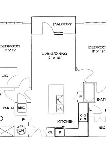 Modern floor plan featuring 2 spacious bedrooms, 2 bathrooms, open-concept living/dining area, and kitchen with balcony access.