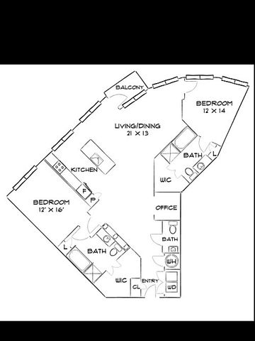 Modern floor plan displaying two spacious bedrooms, an open living and dining area, balcony, and a well-equipped kitchen. Includes office space, two bathrooms, and convenient walk-in closets.
