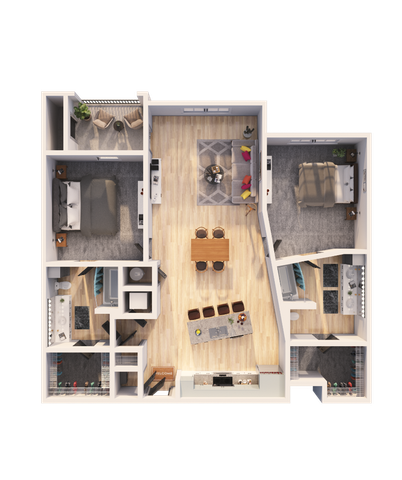 Contemporary floor plan showcasing 2 bedrooms, open-concept living and dining area, and modern kitchen.