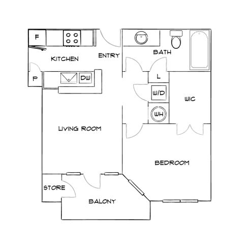 Modern apartment floor plan showcasing a spacious bedroom, living room with balcony access, well-equipped kitchen, and a sleek bath. Includes convenient laundry and storage areas.