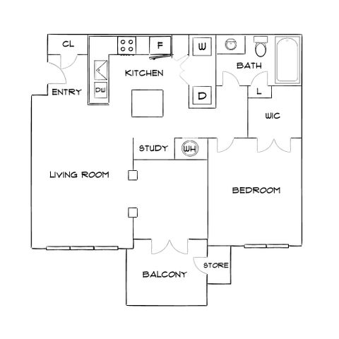 Elegant floor plan showcasing a spacious one-bedroom apartment with a study, modern kitchen, and inviting balcony.