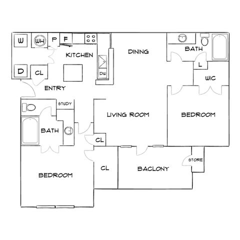 Modern floor plan showcasing 2 spacious bedrooms, open living room, stylish kitchen, and private balcony.