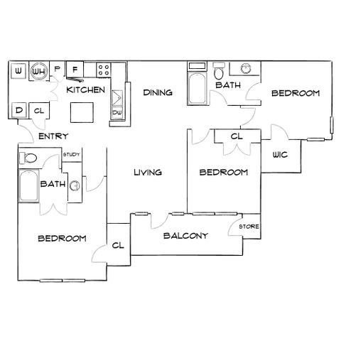 Modern floor plan featuring 3 bedrooms, 2 bathrooms, an elegant living area, and a functional kitchen with dining space. Includes a spacious balcony, convenient storage, and a study area. Ideal for comfortable urban living.