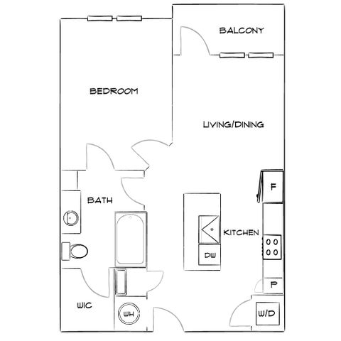 Elegant floor plan featuring a spacious bedroom, modern kitchen with island, open living and dining area, and a private balcony. Includes a bath, walk-in closet, and laundry area for contemporary living.