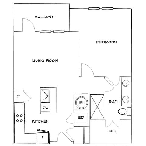 Inviting floor plan showcasing a spacious bedroom, modern kitchen, elegant living room, and a relaxing balcony.