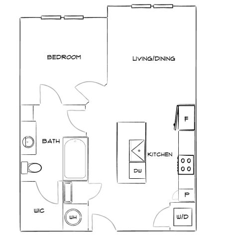 Modern floor plan with a spacious bedroom, open-concept living and dining area, well-equipped kitchen, and a luxurious bath, perfect for contemporary living.