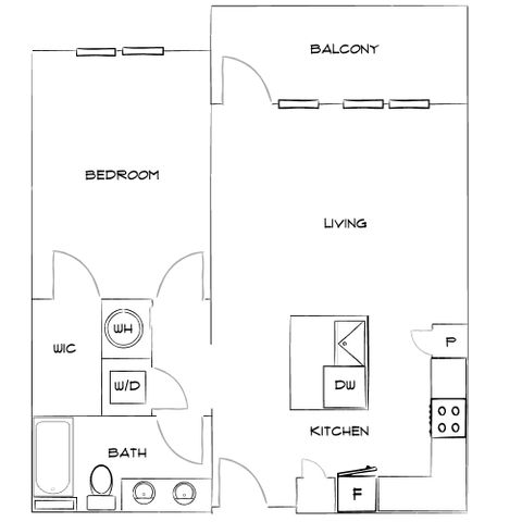 Modern 1-bedroom apartment floor plan featuring a spacious living area with balcony, efficient kitchen, and stylish bathroom with washer and dryer.