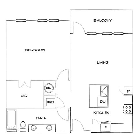 Modern floor plan showcasing 1 bedroom, spacious living area, and a balcony, featuring a full kitchen with pantry and in-unit laundry.