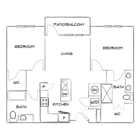 Modern 2-bedroom apartment floor plan with a spacious living area, patio/balcony, and two bathrooms. Includes a stylish kitchen, convenient laundry area, and walk-in closets.