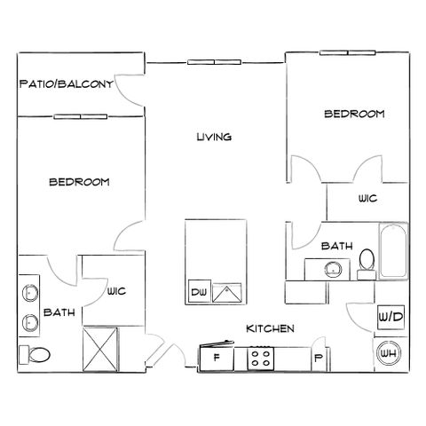 Modern floor plan showcasing 2 bedrooms, spacious living room, and kitchen with patio access.